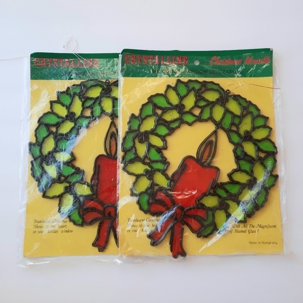2 Vintage Crystalline acrylic faux stained glass hanging Christmas wreat…